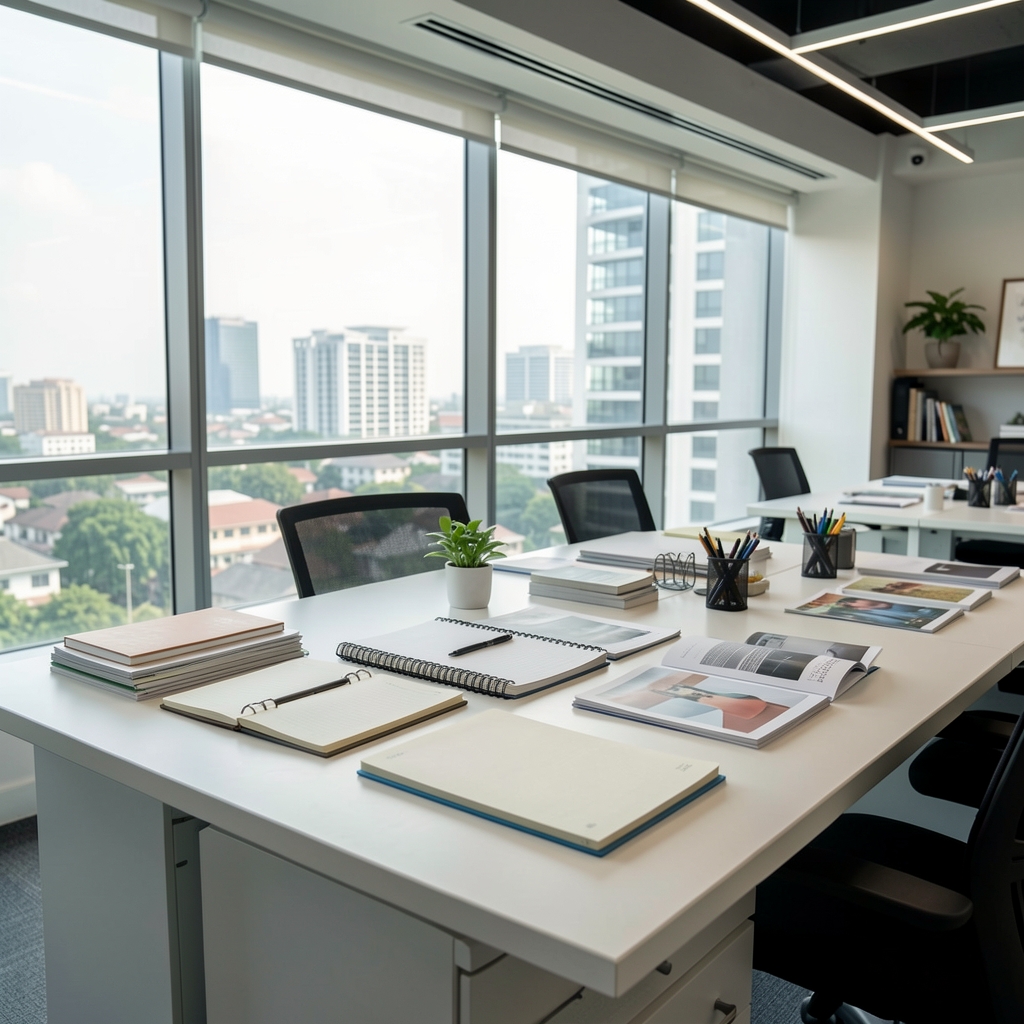 Wide editorial workspace in a Jakarta office, natural light through large windows, notebooks and reference materials arranged on a clean desk