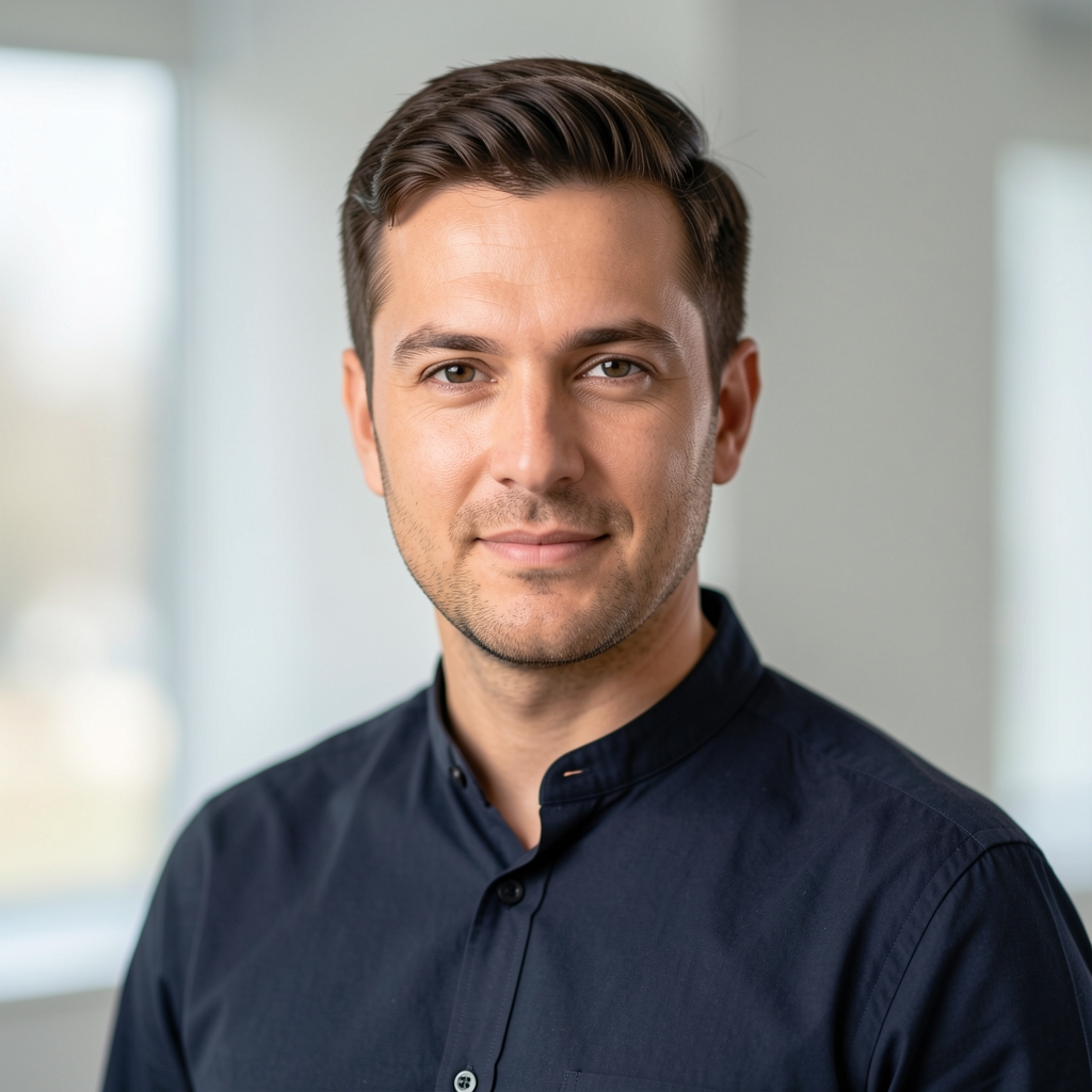 Professional portrait of a male editorial lead in a clean, minimalist workspace, wearing a dark collarless shirt, controlled studio lighting