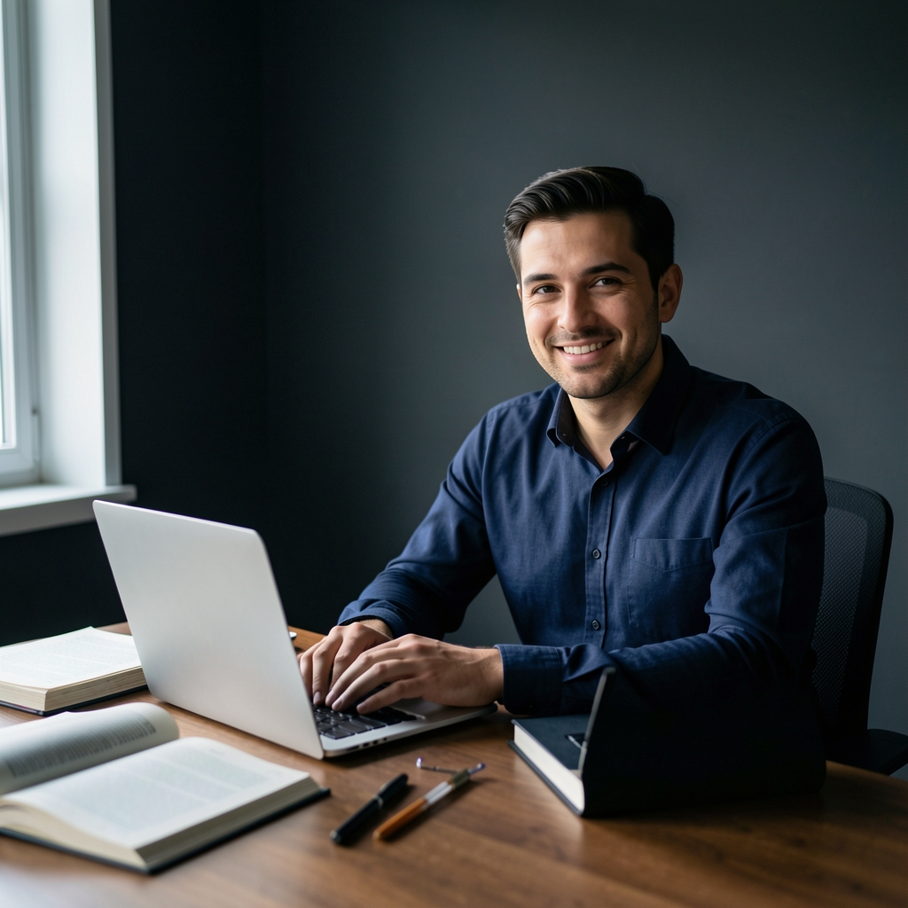 Confident male writer seated at a desk with reference materials and a laptop, natural daylight, minimalist background, dark tones