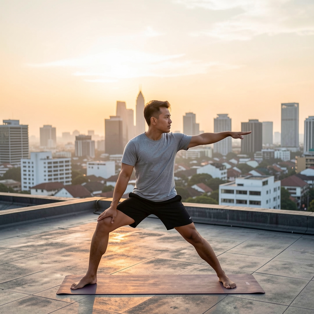 Man stretching outdoors at sunrise on a rooftop in Jakarta, cityscape visible in the background, soft morning light