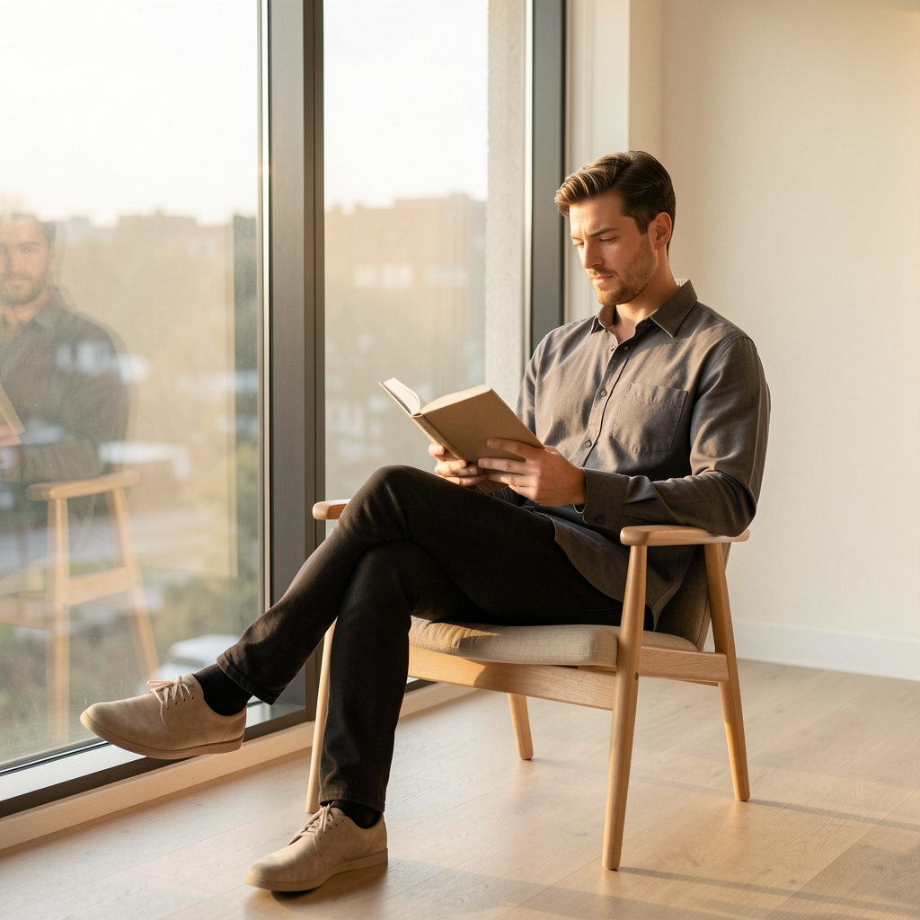 Man sitting calmly in a minimalist chair by a large window, reading a book in afternoon light, suggesting deliberate downtime and focus recovery
