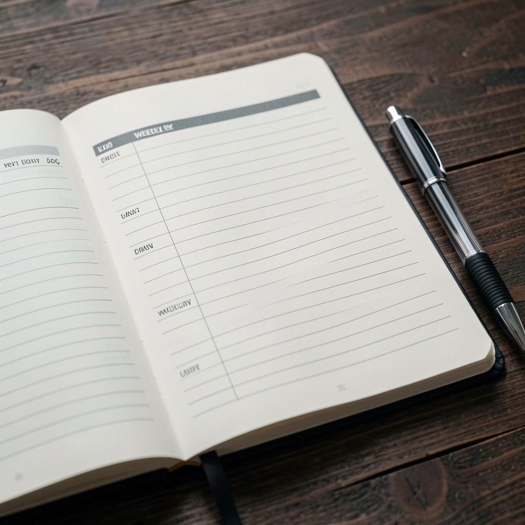 Close-up of a structured progress tracking notebook open to a weekly log page, pen resting alongside, on a dark wooden surface with natural side light