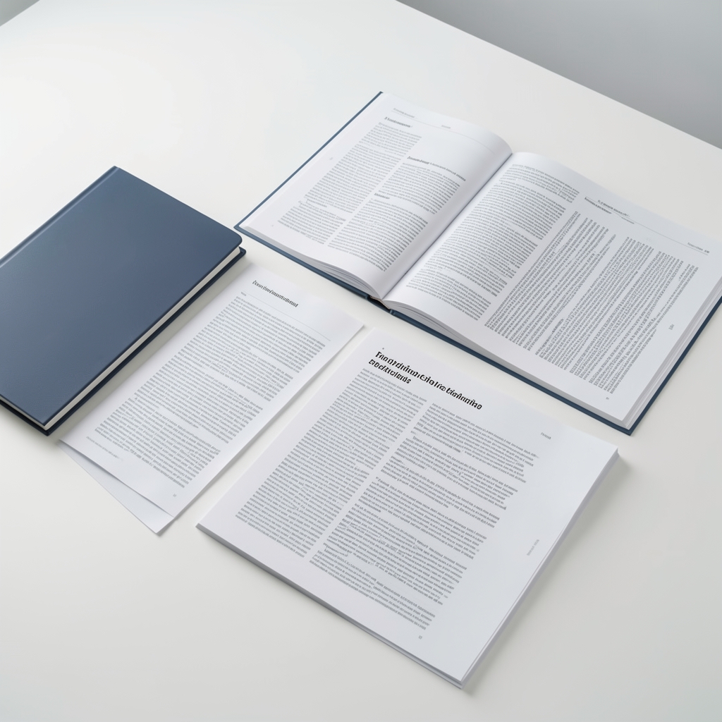 Editorial research materials — journals and annotated printouts spread across a clean white workspace with studio lighting